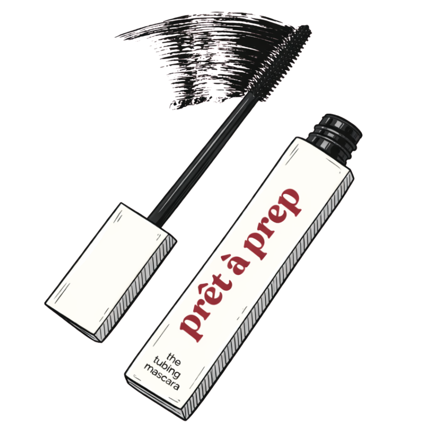 Mascara with brush and 'Pret a Prep' branding on a white background